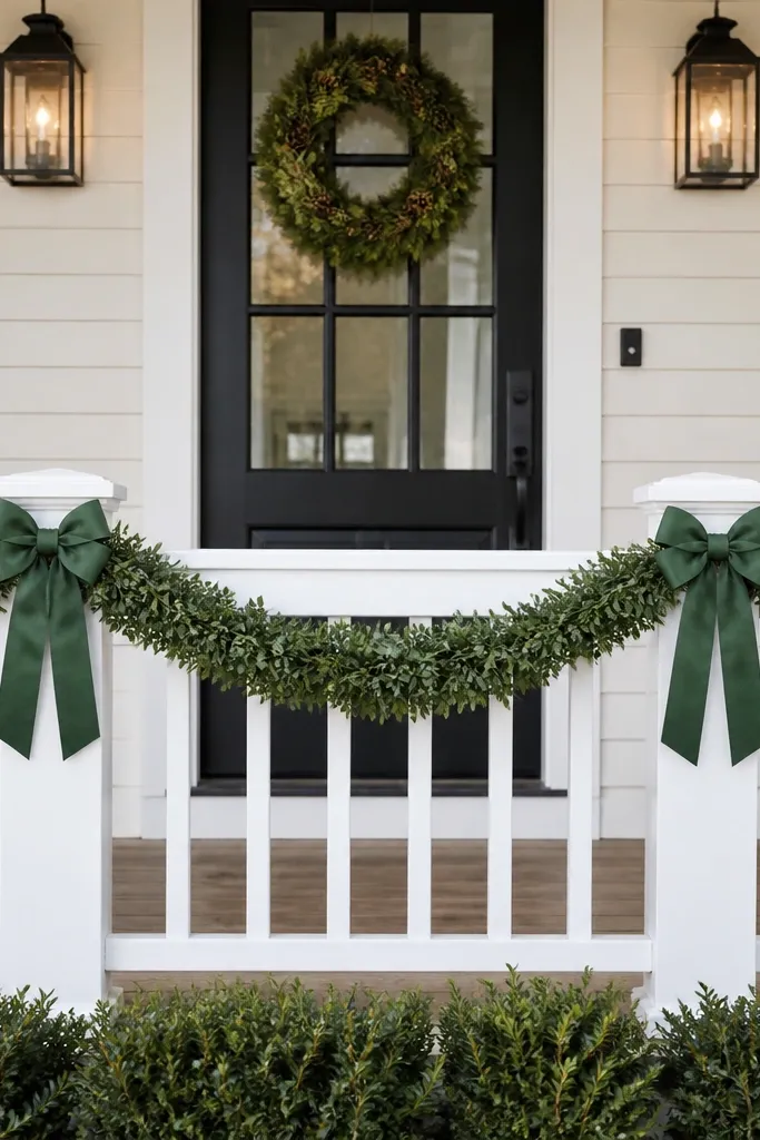 Green garland draped on a porch rail with two matching ribbon bows