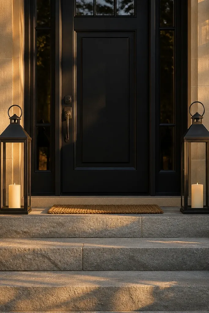 Two tall lanterns on steps with matching candles
