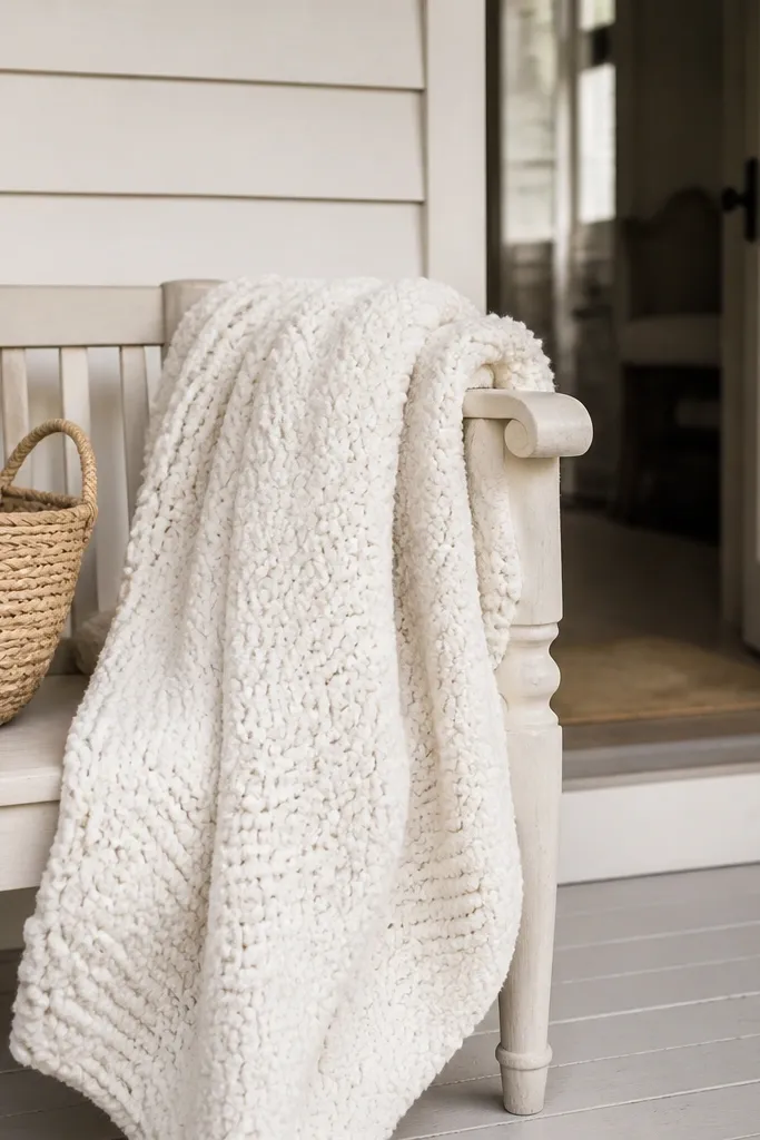 Bench with a textured blanket in one monochrome color and minimal decor