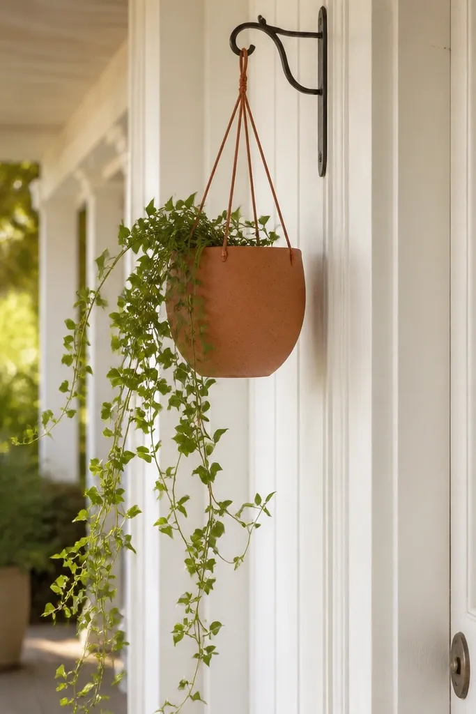 Hanging planter near the front door with trailing green stems