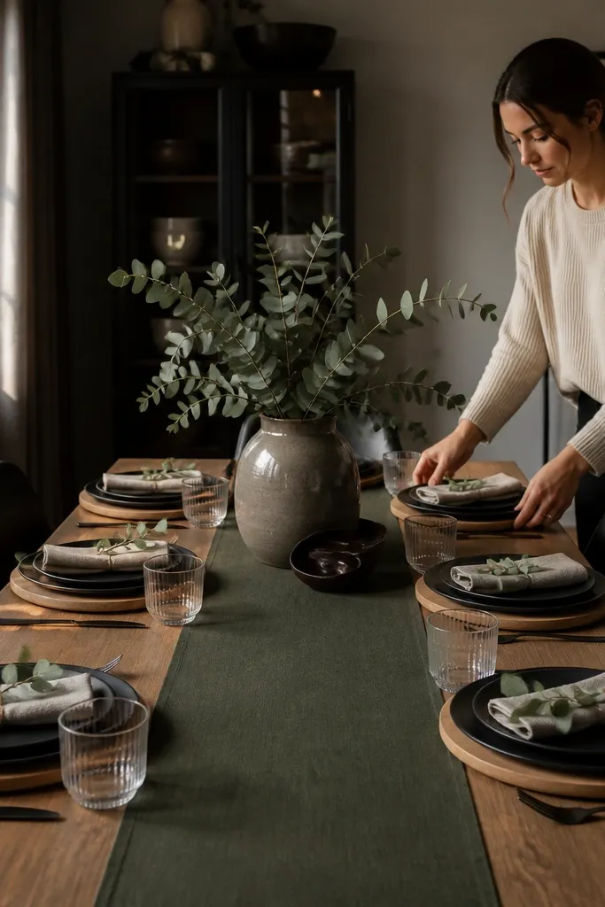 Black plates on natural wood chargers with olive runner and simple linen napkins