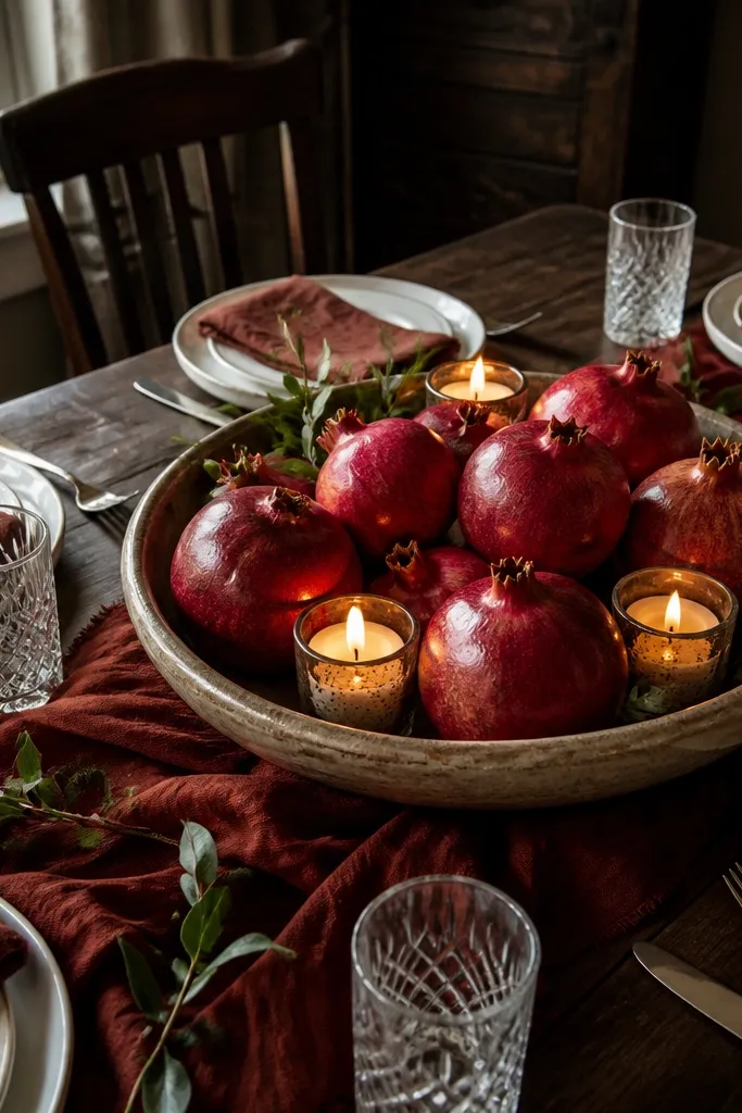 White plates with rust napkins and a center bowl of pomegranates and candles