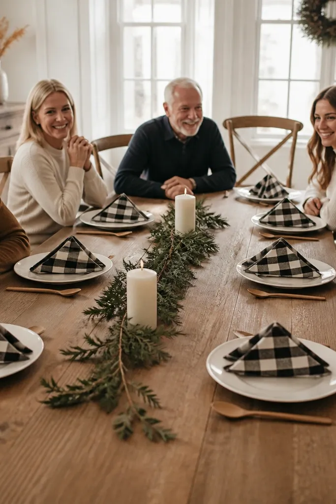 Buffalo check napkins folded on white plates with plain decor and candles