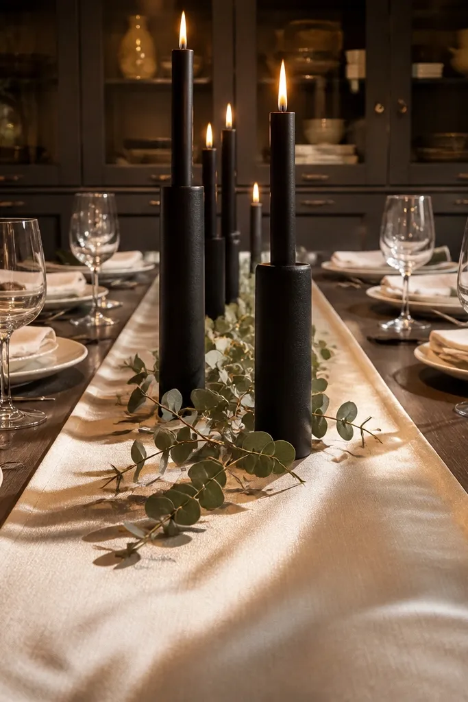 Champagne runner with matte black candles and neutral napkins on white plates