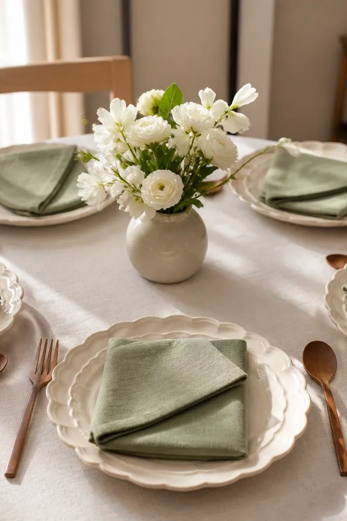 Warm white scalloped plates with sage green napkins and a low sage-and-cream centerpiece