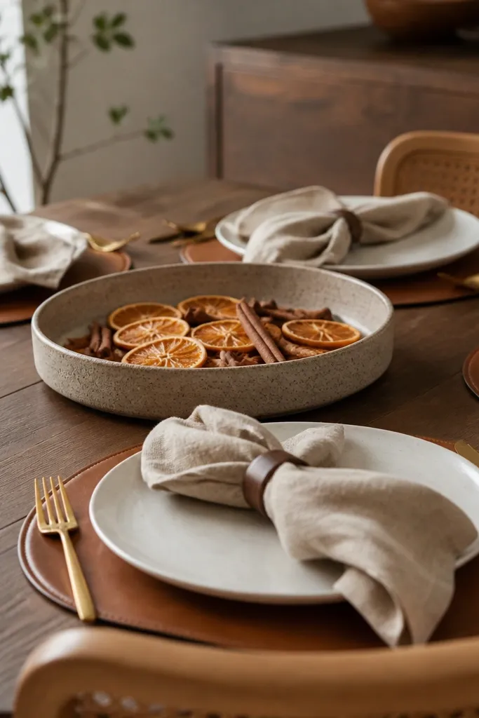Tan linen napkins on cognac chargers with dried orange slice accents and candles