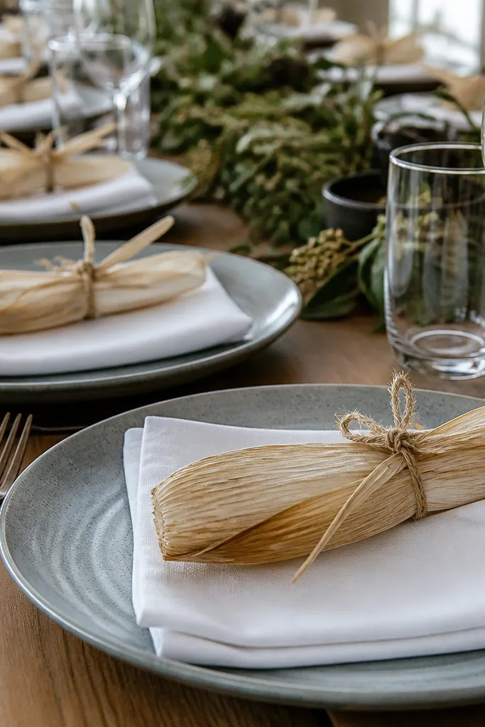 Blue-grey plates with white napkins and small corn husk place cards at each setting