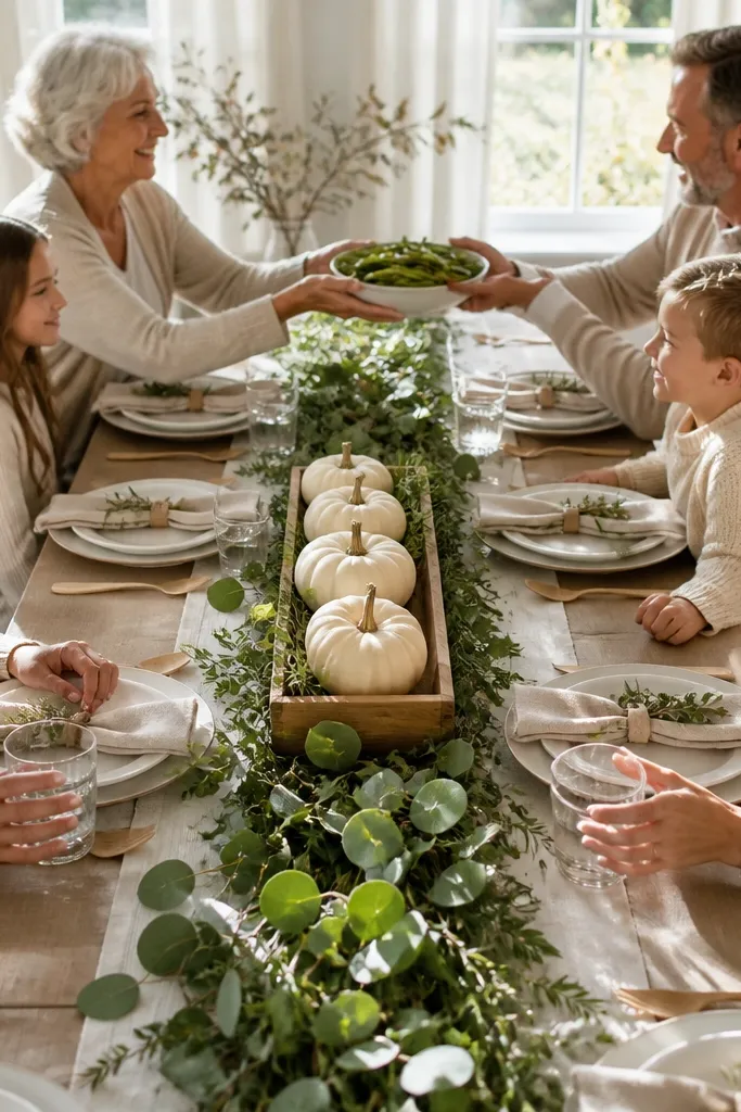 Greenery strip runner with white pumpkins in a low tray and simple napkin placements