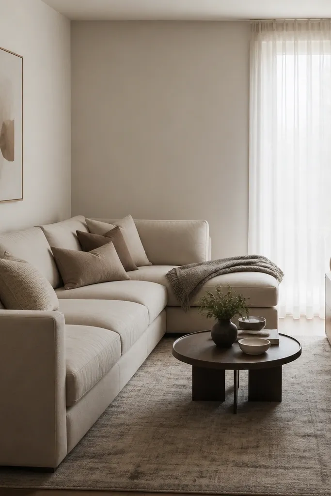 A small living room with an L shape sectional placed in a tight corner facing into the room. A low media console sits on the wall behind the longer chaise side. A large area rug runs under the front sofa legs, and sheer curtains hang near a window beside the console.