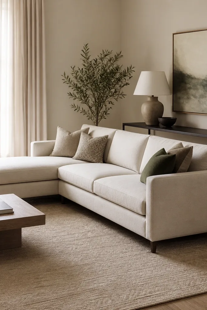 An L shape sofa sits with its back slightly away from the wall by about six inches. A narrow console table behind it holds a lamp. A neutral rug covers most of the floor and the front legs of the sofa rest on it.