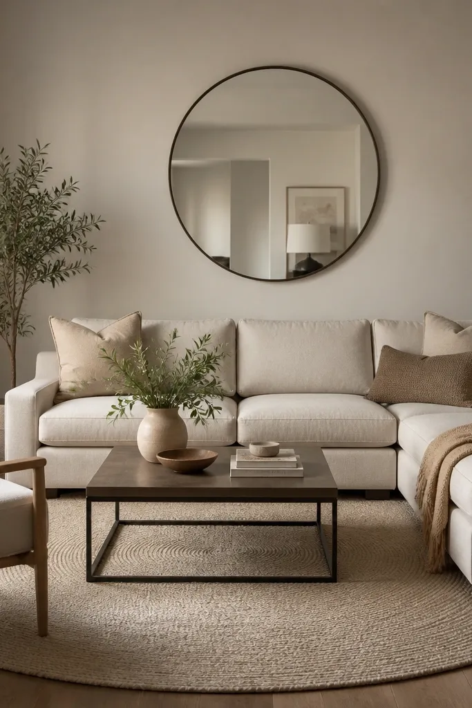 A small living room with an L shape sectional in light beige. A large round rug sits under the seating area, with a rectangular coffee table centered on it. A round wall mirror hangs above the sofa's back area.