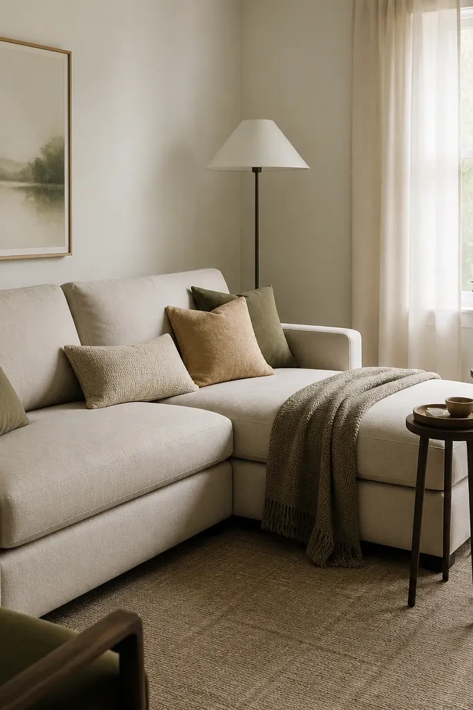 A small living room with an L shape sofa and two narrow side tables placed close to the chaise side. There's no bulky coffee table. A small tray sits on one table, and a floor lamp stands in the other corner.