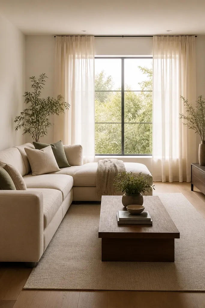 An L shape sofa angled so the chaise faces a window. Sheer curtains frame the window. A thin console runs along the wall opposite the sofa with a few framed photos.
