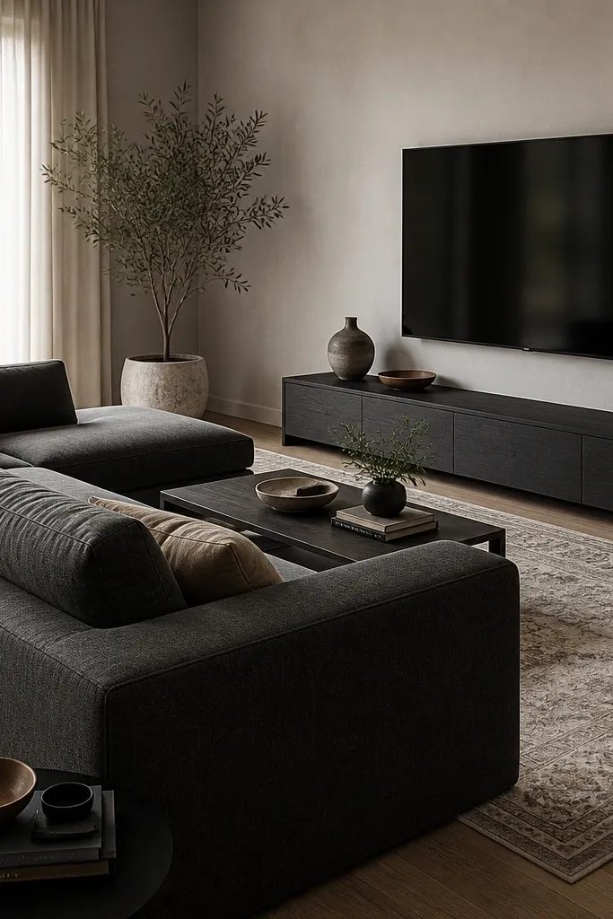 An L shape sofa in charcoal fabric faces a low, wide media console. A large flat screen is mounted above the console. A long runner rug sits under the front legs and extends toward the console.
