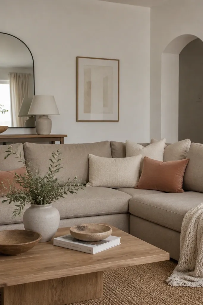 A small living room with a greige L shape sofa. White walls and a warm oak coffee table. A large mirror hangs above a console, and the pillows are in cream and muted clay tones.