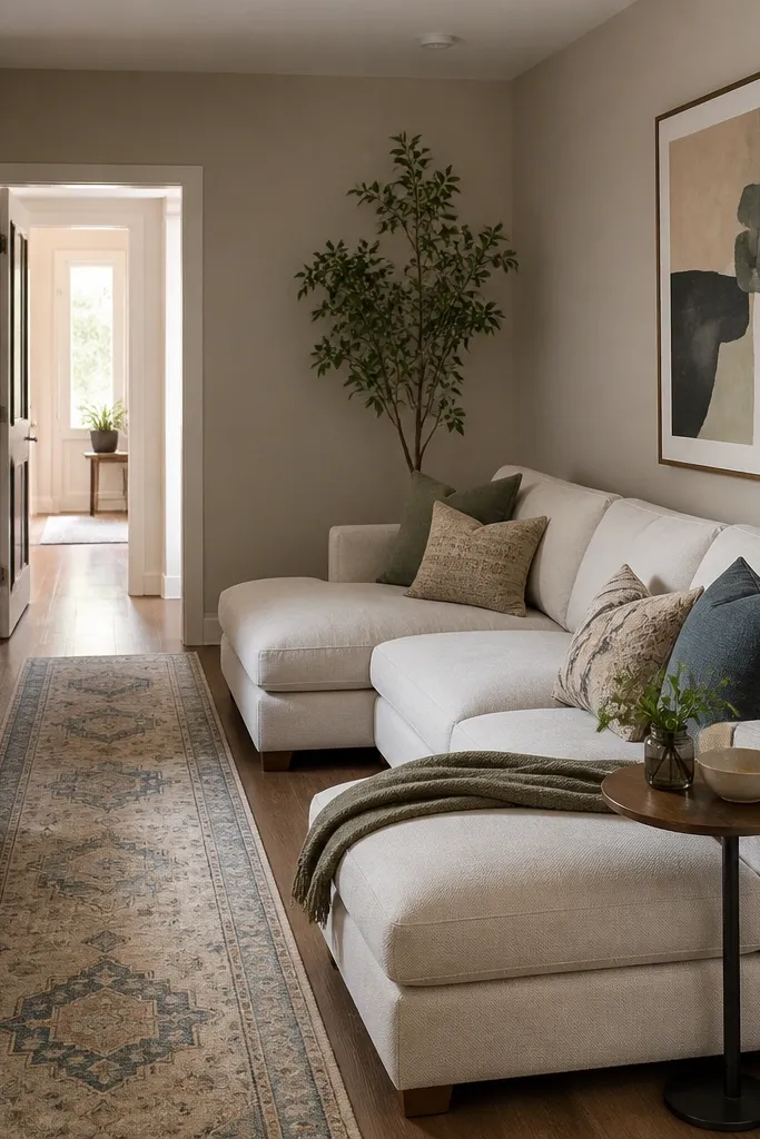 A narrow living room with an L shape sofa along the longer wall. A patterned runner rug runs from the seating toward the doorway. A slim round side table sits near the chaise and a tall plant stands beside the sofa.