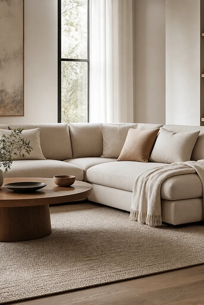 An L shape sofa with a slightly lower back and soft seat cushions. A corner bench-style back pillow arrangement shows layered cushions. A light linen throw is draped over the chaise arm.