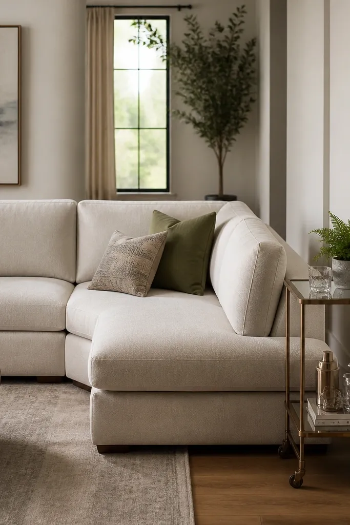 An L shape sofa with the chaise near a narrow wall. A slim bar cart sits beside the chaise with two shelves and wheels. A small plant and two glasses sit on top.