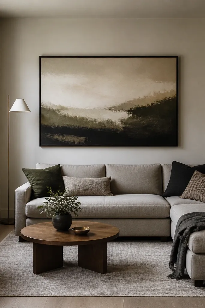A small living room where one wall behind the sofa has a large framed artwork. The L shape sofa sits facing the art, with a rug under the front legs and a simple floor lamp beside the corner.