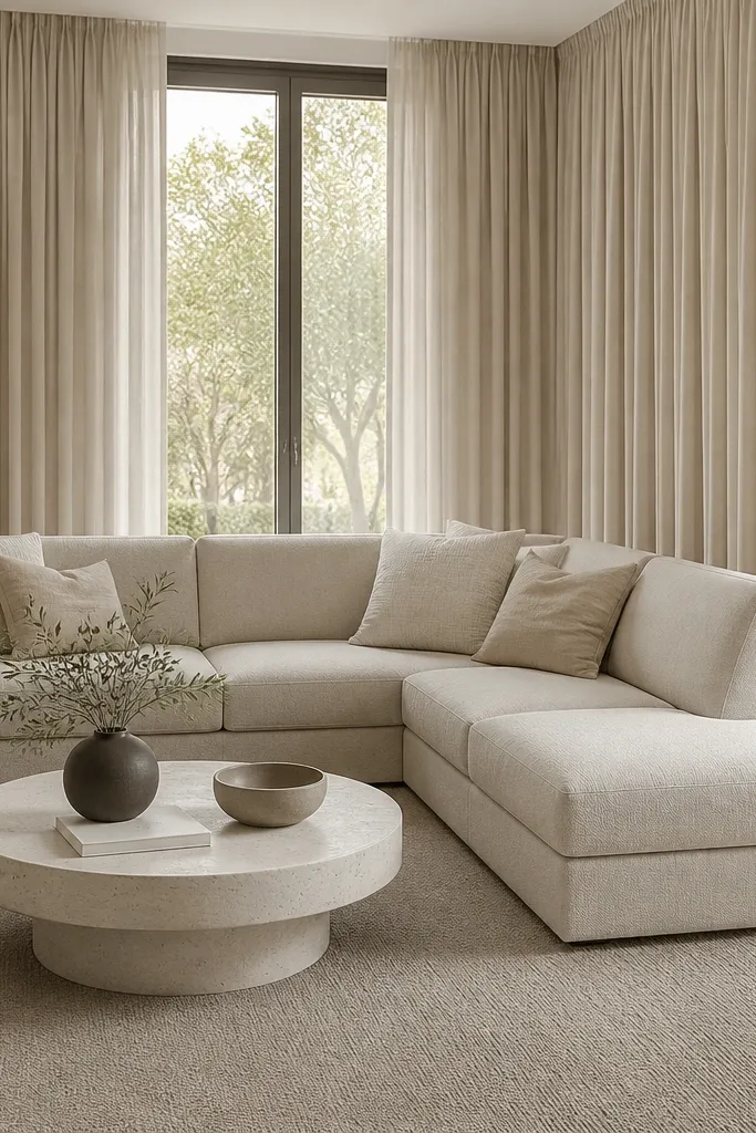An L shape sofa in soft oatmeal fabric. Curtains in a very similar oatmeal tone hang floor to ceiling. The rug is a slightly deeper beige. Pillows match the curtains with subtle texture.