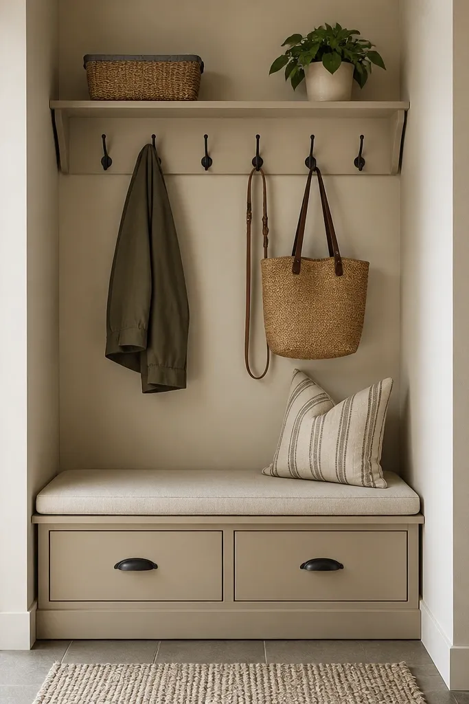A narrow garage entry wall with a 48-inch bench. The bench has a hinged top with fabric cushion and two lower drawers with black pulls. Above it is a row of hooks and a small shelf.