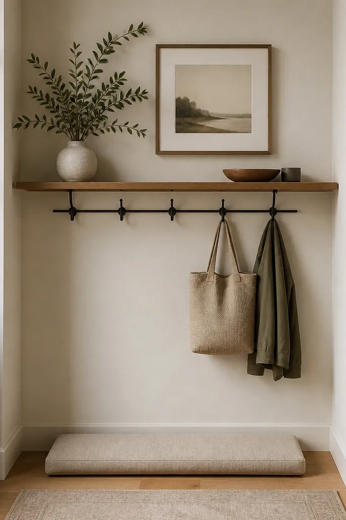 A small wall entry with a slim floating shelf at about chest height. Under the shelf, a horizontal rail holds five hooks. There's a narrow bench pad on the floor below.