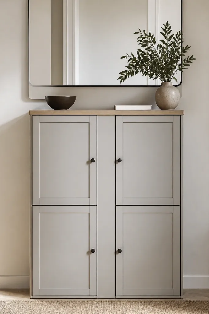 A compact cabinet system with two narrow vertical columns. The bottom section has shoe compartments with doors, and the top section has locker doors. There's a narrow countertop on top with a mirror above.
