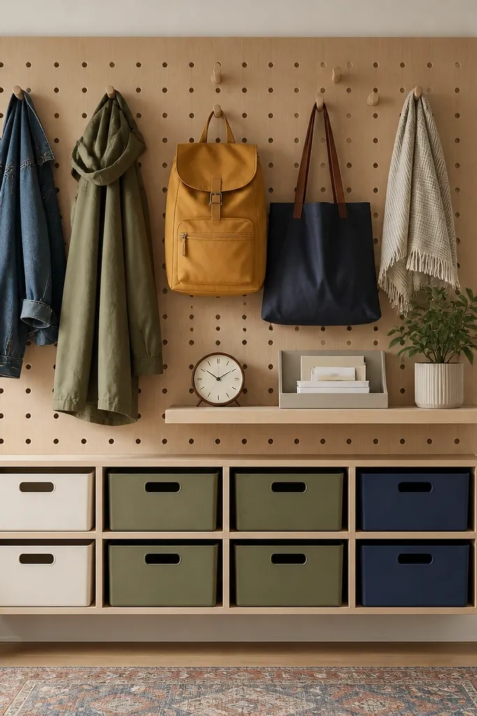 A pegboard panel mounted on the wall. Hooks hold coats and bags. Below, small cubbies hold matching bins in three colors. A small clock and mail tray sit on a shelf.