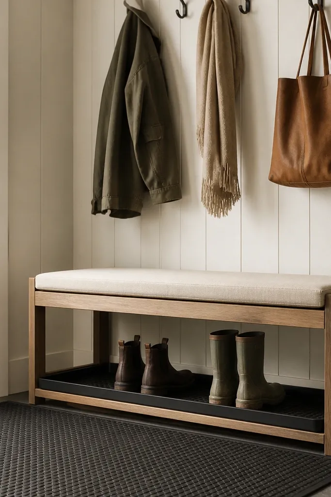 A bench placed over a shallow boot tray. The bench top has a removable cushion, and the floor area shows a dark rubber landing mat. Hooks hang above.