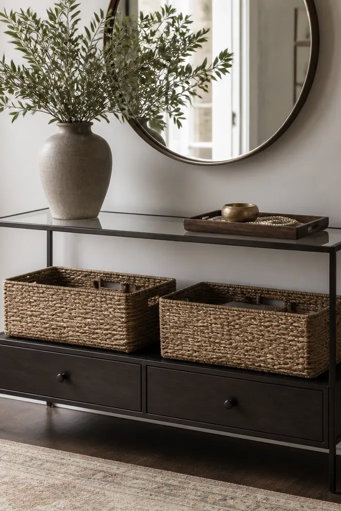 A slim console table against the wall. The top has a mirror and a small tray. The bottom has two wide drawers filled with woven baskets.