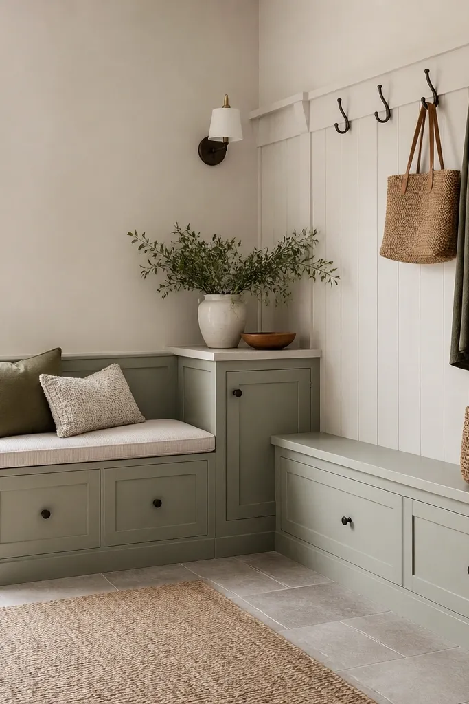 A built-in style corner bench forming an L shape. One side has cushions, and the other has a vertical rail of hooks. A small cabinet sits at the corner.