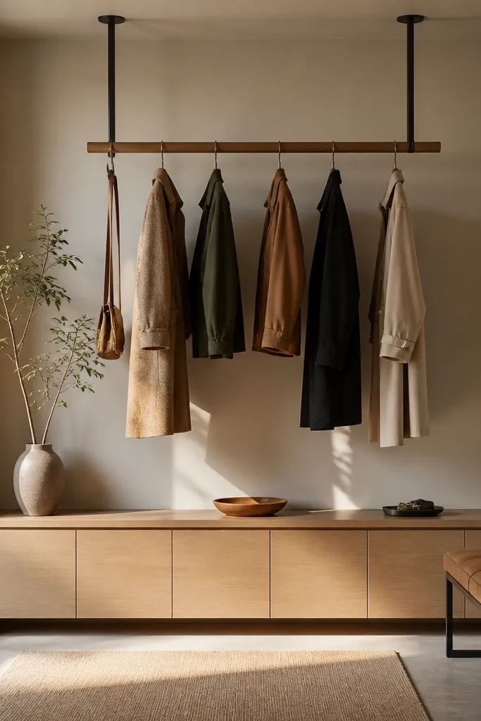A coat bar mounted from the ceiling with metal rods. Coats hang neatly. On the wall below are short cabinets and a small bench.