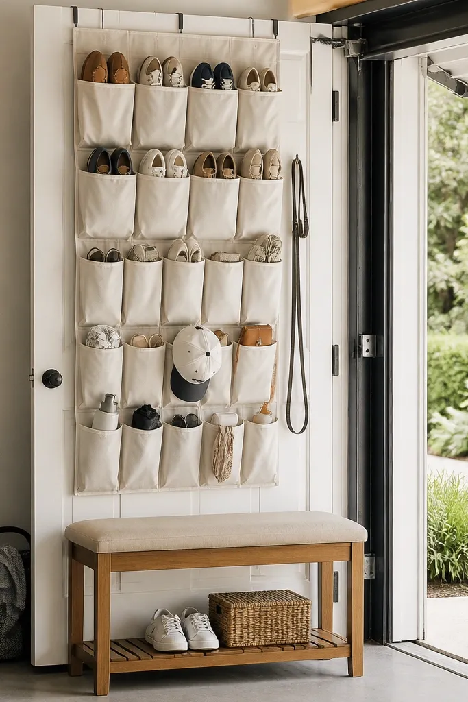 An over-the-door shoe and accessory organizer hangs on the inside of the garage door. A bench sits below it with a wipeable cushion.