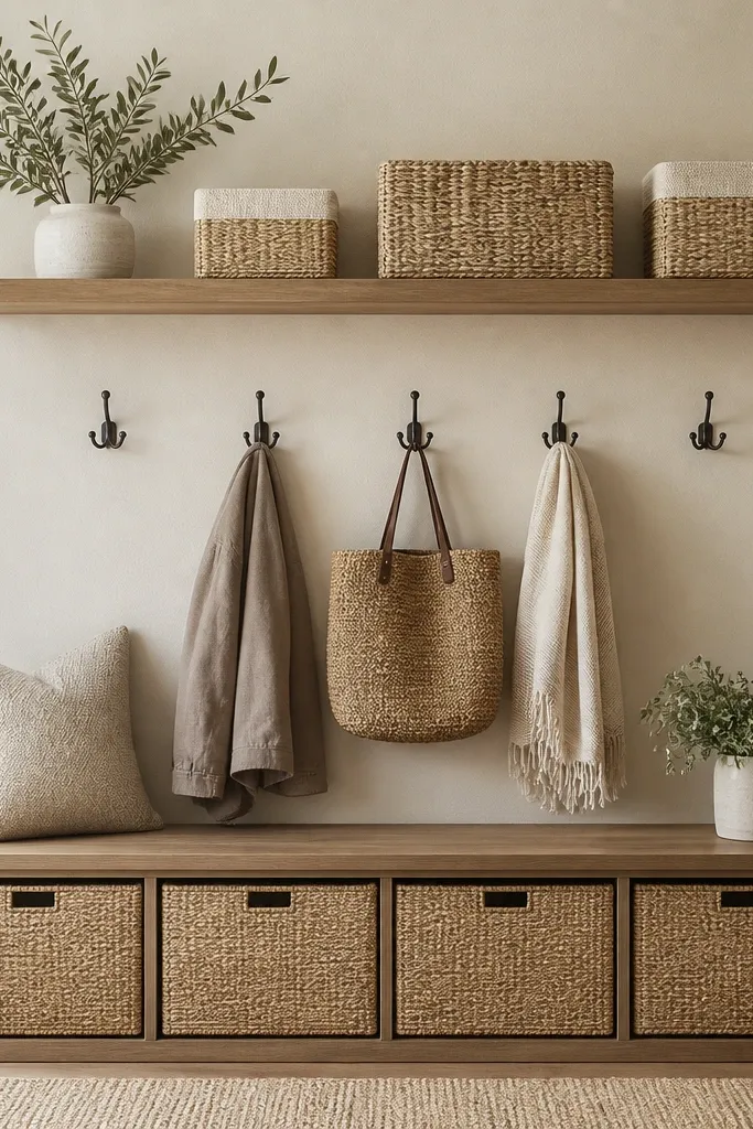 A floating shelf with a few decorative bins placed neatly. The lower area has closed baskets in a matching color set, and hooks line the wall above.