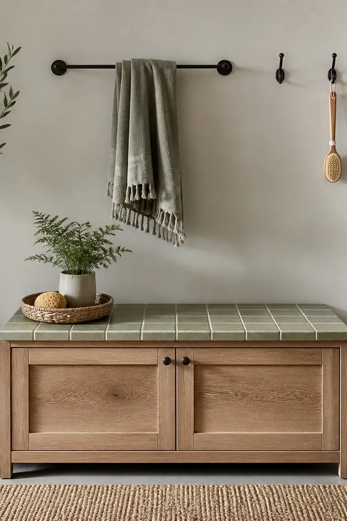 A bench with a tile top surface. Under the bench there are two storage compartments with doors. The wall has a towel bar and hooks.
