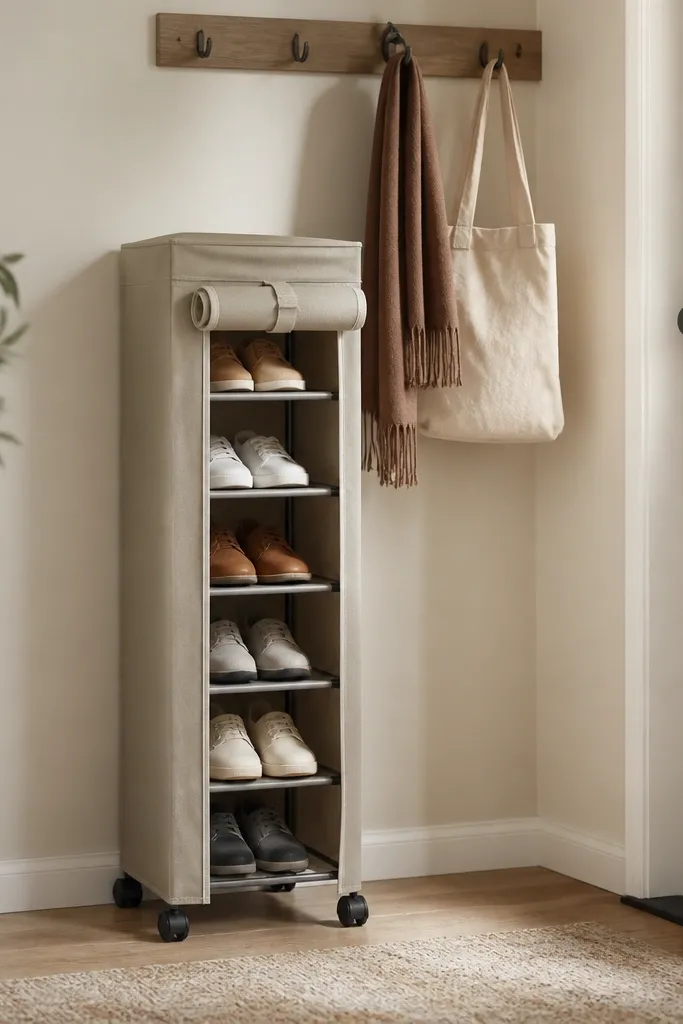 A slim rolling shoe cart with multiple tiers tucked beside a wall. A hook rail is mounted above, and the cart has a fabric cover.