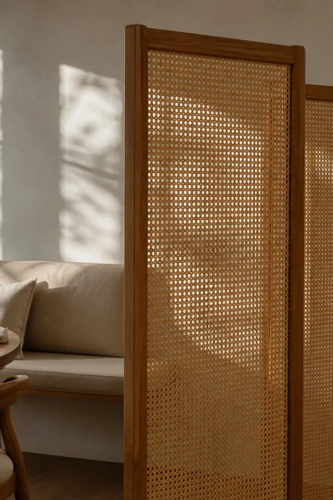 Rattan room divider screen in warm beige placed behind a sofa