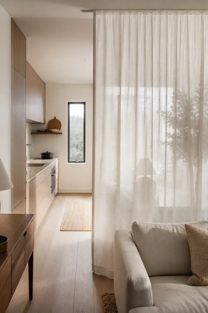 White sheer curtain hanging from a ceiling track dividing a small room