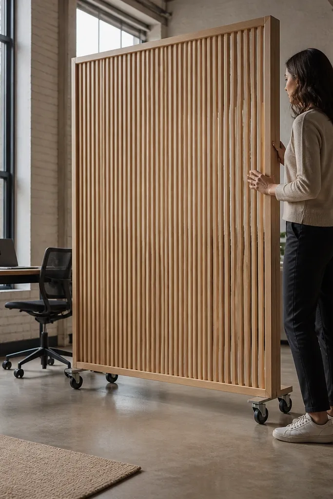 Light wood slatted divider panel on wheels near a living room corner