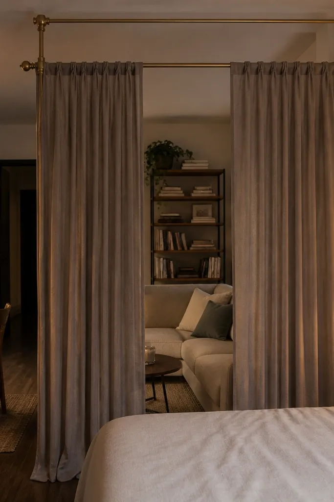 Cream curtain panels hanging from a freestanding tension frame in a small room