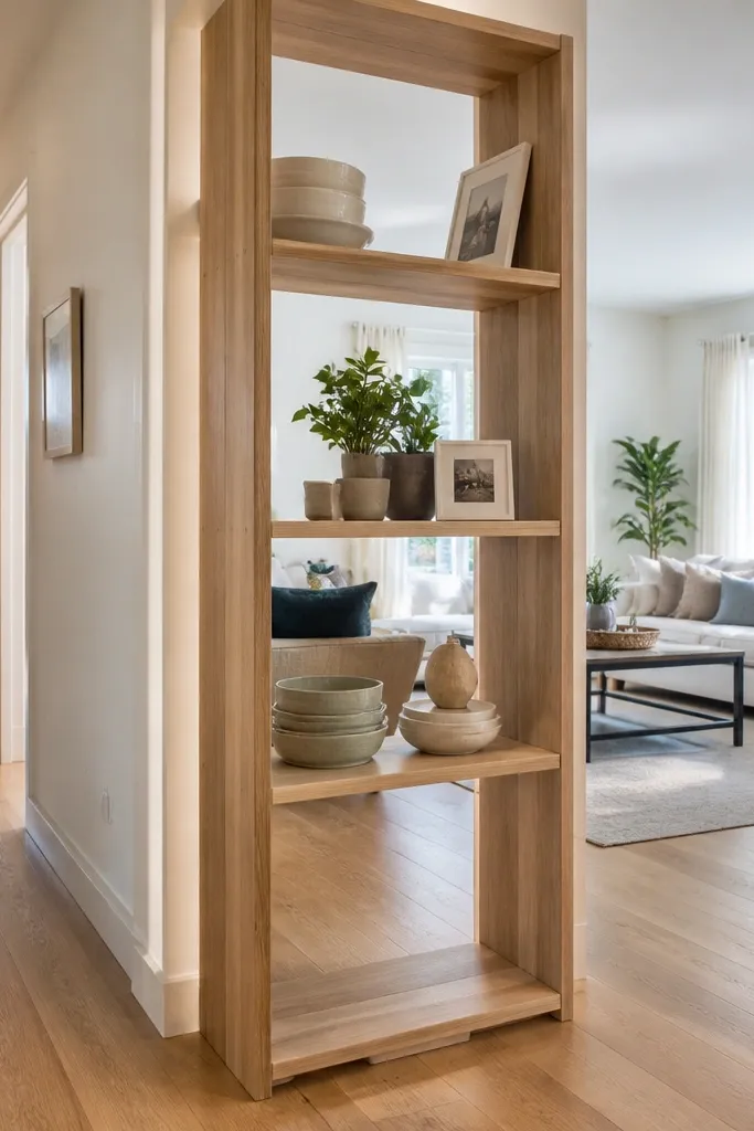 Small open-shelf bookcase divider with books and baskets between rooms