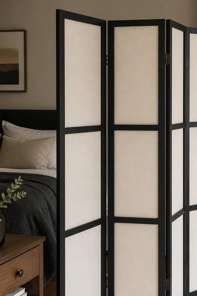 Matte black folding screen with light linen panels in a small living space