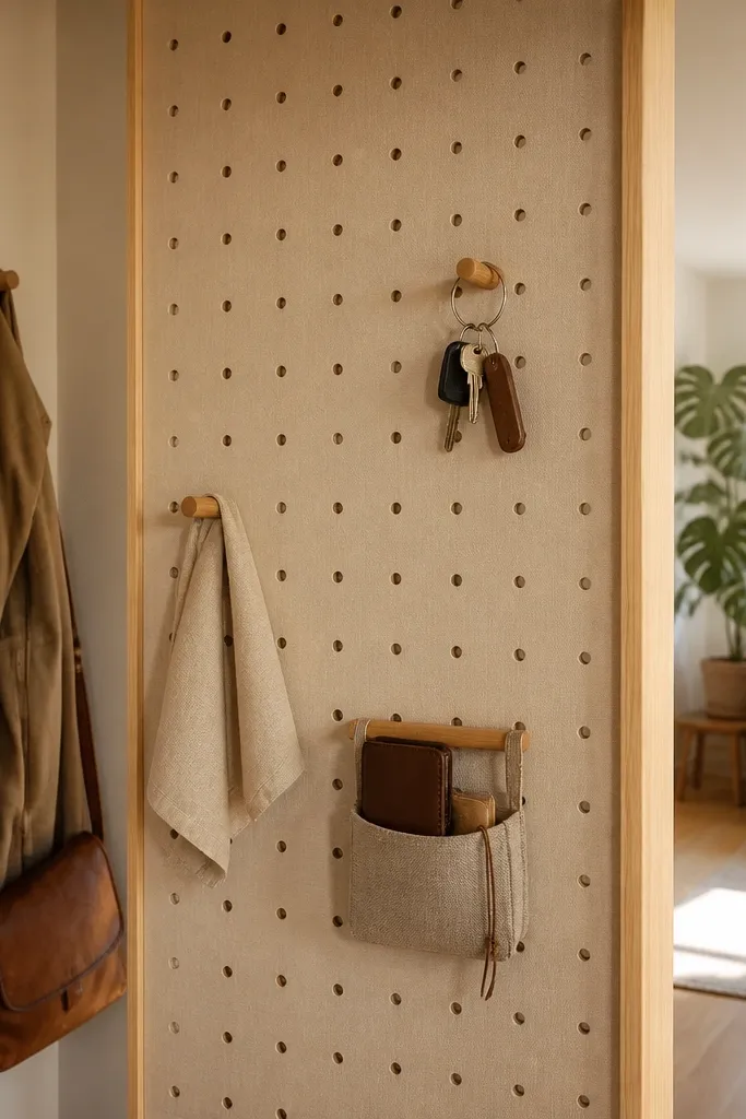 Light pegboard privacy divider with fabric-wrapped back behind a small desk