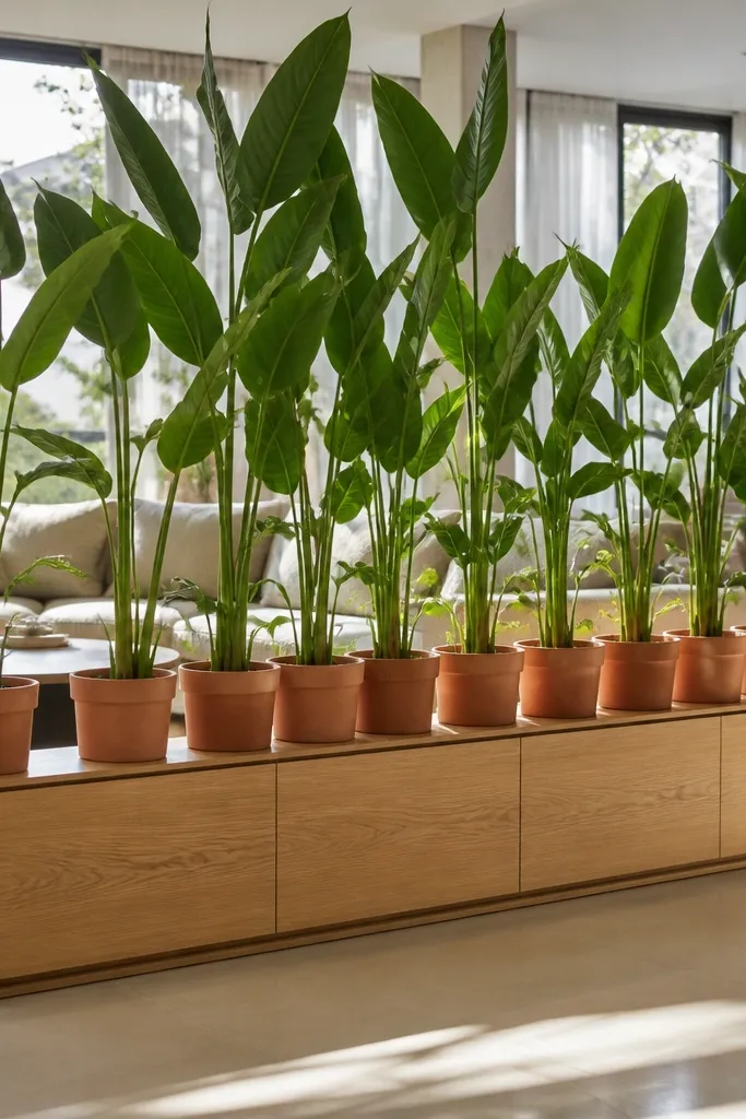 Low wooden console topped with tall plants separating a living corner