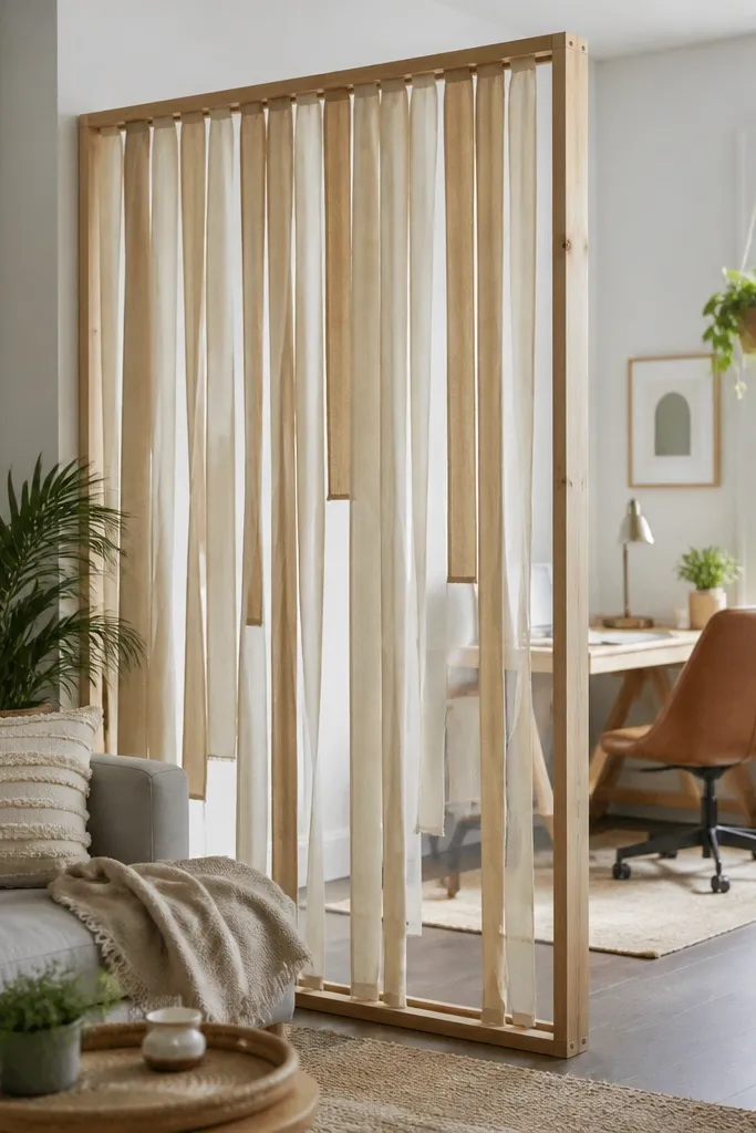 Wood slat divider with hanging fabric strips in a small room corner