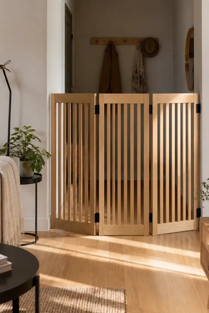 Light oak folding gate-style screen dividing a small bedroom corner