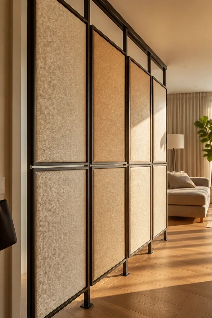Framed fabric panels on a narrow divider wall separating a small seating area