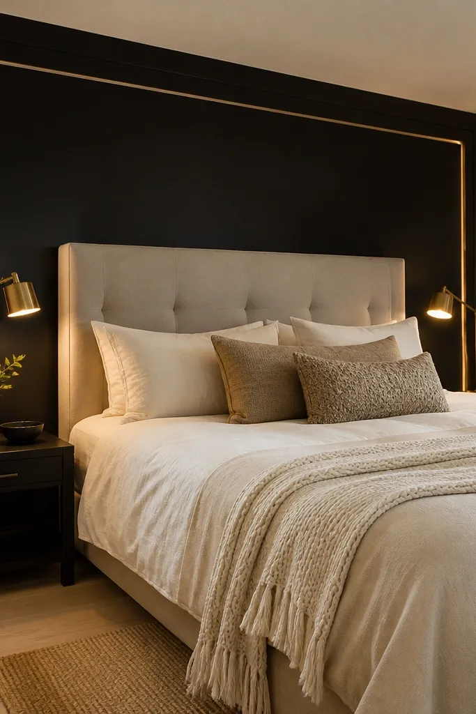 Satin black accent wall behind a bed with warm white trim and light bedding