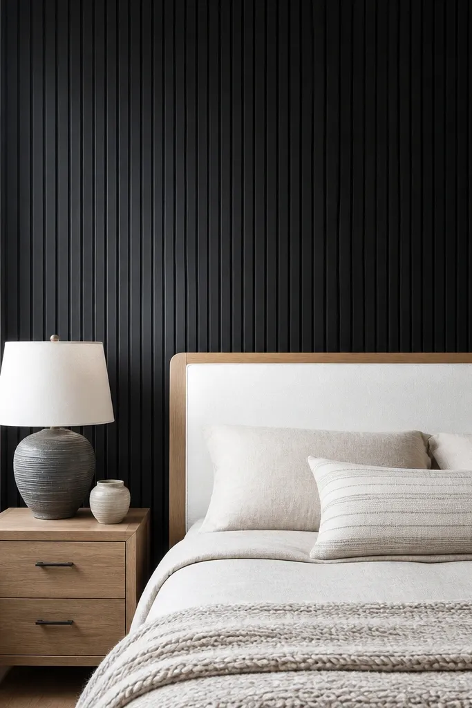 Matte black paneling wall with thin vertical lines behind a bed