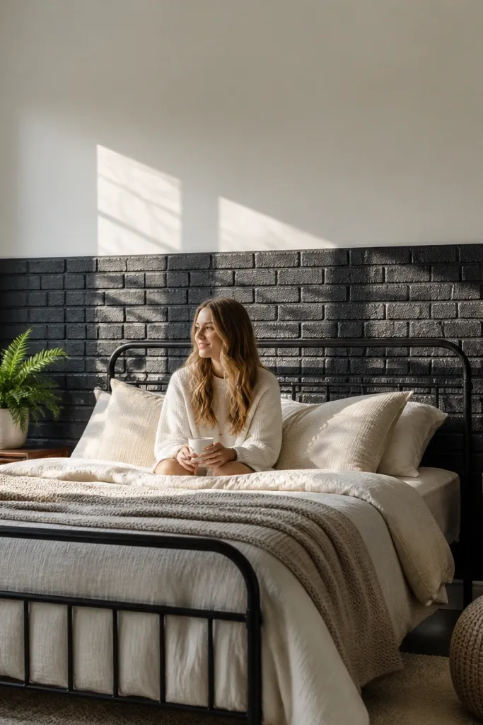 Black faux brick wall on lower half with white upper wall behind a bed